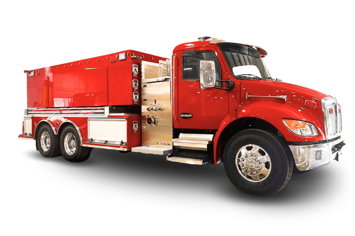 Red 3,000-gallon tanker from Fouts Defense