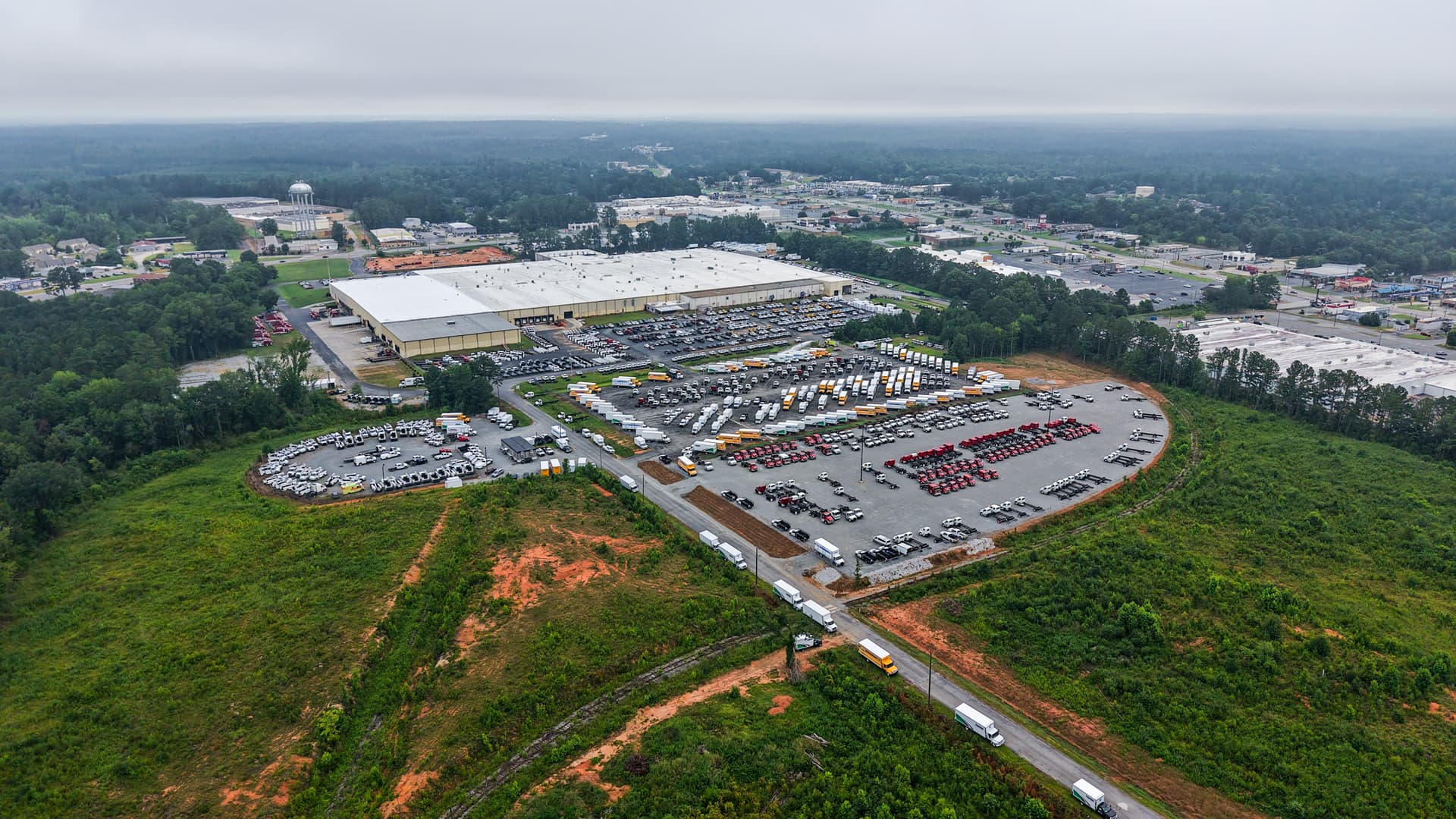 Aerial view of the Fouts Bros manufacturing facility and commercial truck inventory